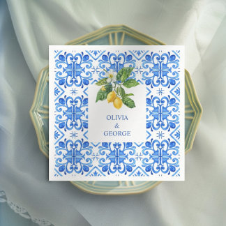 Mediterranean blue tiles and lemons wedding napkins