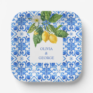 Mediterranean blue tiles and lemons wedding  paper plates