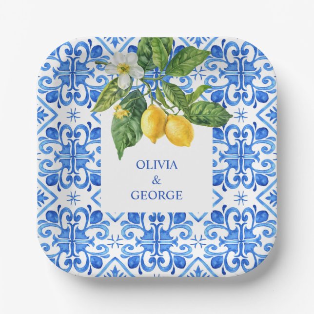 Mediterranean blue tiles and lemons wedding  paper plates (Front)