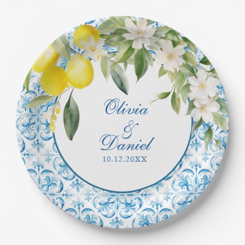 Mediterranean Blue Tiles and Lemons Wedding Paper Plates