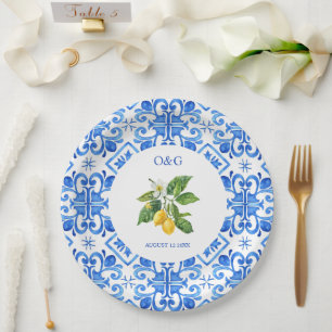 Mediterranean blue tiles and lemons wedding paper plates