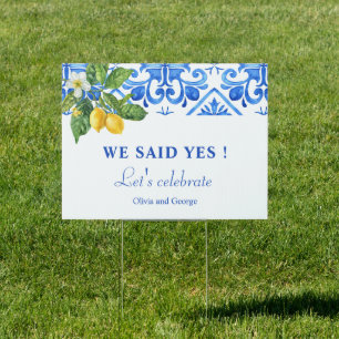 Mediterranean blue tiles and lemons wedding sign