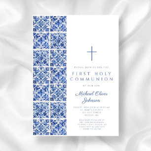 Mediterranean Blue Tiles Boy First Communion Invitation