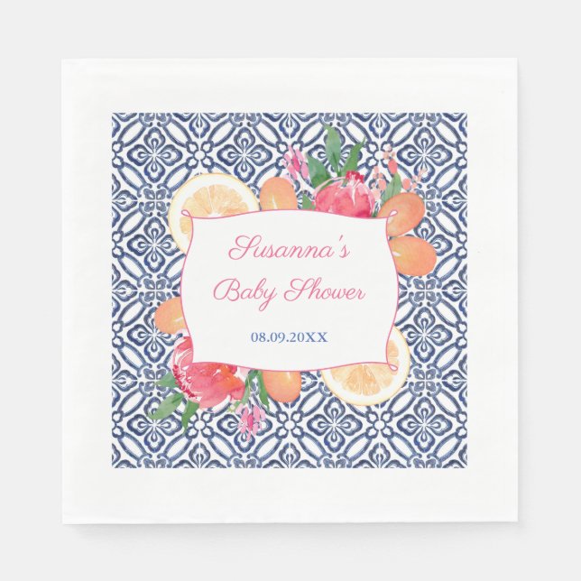 Mediterranean Blue Tiles Citrus Baby Shower Party Napkins (Front)
