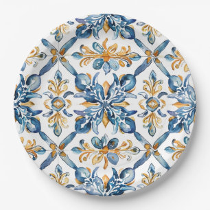 Mediterranean Blue Tiles Decor Paper Plates