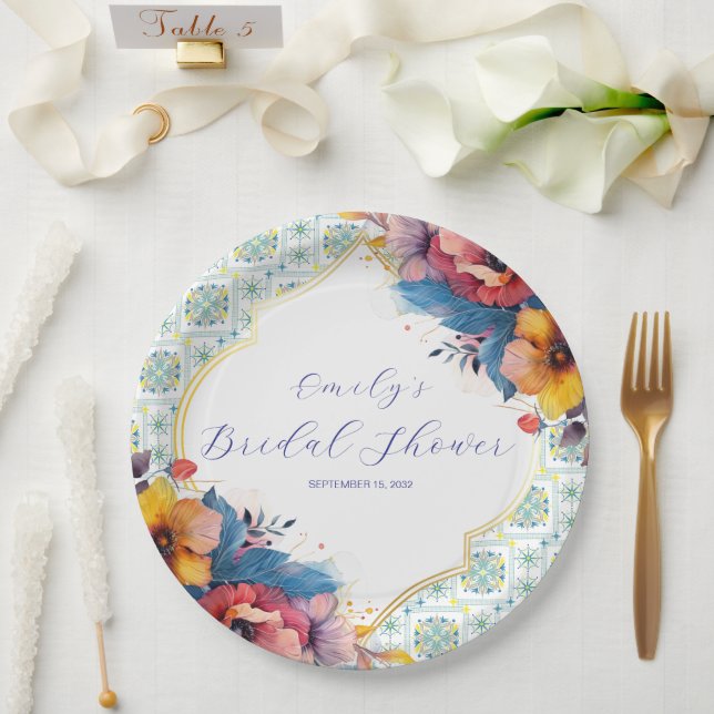 Mediterranean Blue Tiles Elegant Bridal Shower Paper Plates (Wedding)
