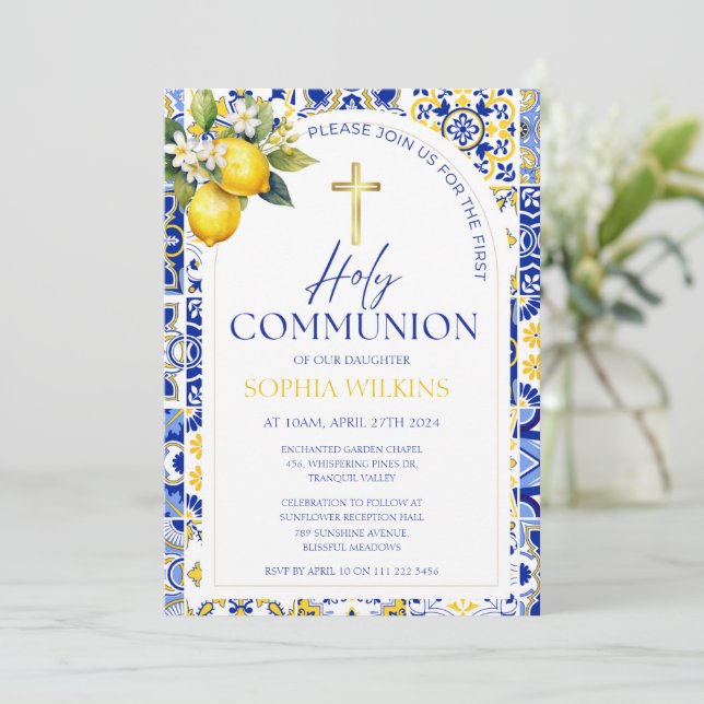 Mediterranean Blue Tiles Lemon 1st Holy Communion Invitation (Standing Front)