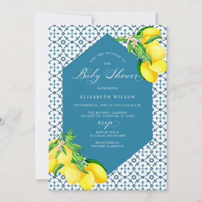Mediterranean Blue Tiles Lemon Baby Shower Invitation (Front)