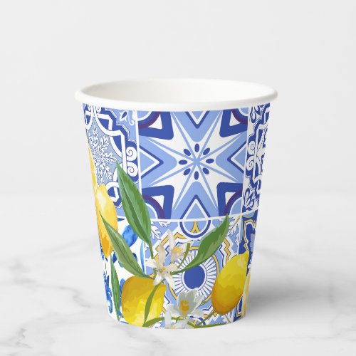 Mediterranean blue tiles lemon Bridal Shower  Paper Cups