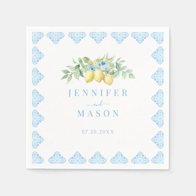 Mediterranean Blue Tiles Lemon Italian Wedding Napkins (Front)