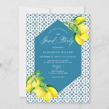 Mediterranean Blue Tiles Lemon Photo Graduation Invitation