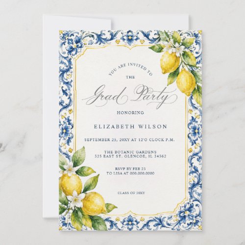 Mediterranean Blue Tiles Lemon Photo Graduation Invitation