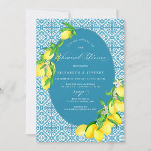 Mediterranean Blue Tiles Lemon Rehearsal Dinner Invitation