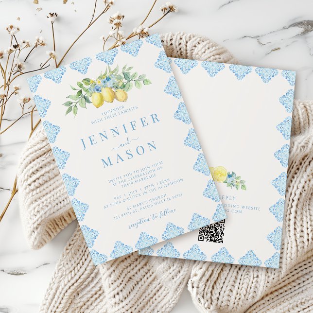 Mediterranean Blue Tiles Lemon Wedding Invitation (Creator Uploaded)