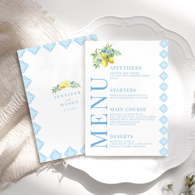 Mediterranean Blue Tiles Lemon Wedding Menu Cards (Creator Uploaded)