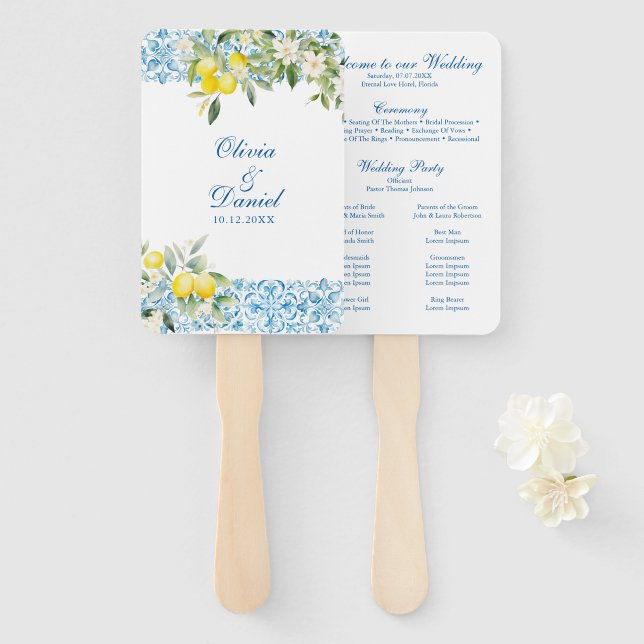Mediterranean Blue Tiles & Lemon Wedding Program Hand Fan (Front and Back)