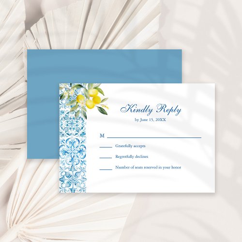 Mediterranean Blue Tiles  Lemon Wedding RSVP Card