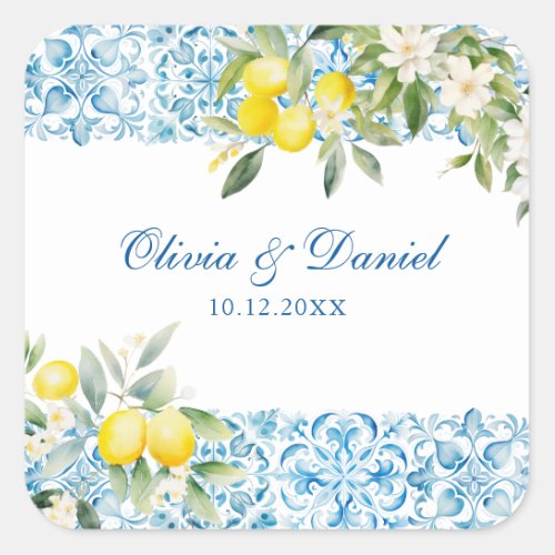 Mediterranean Blue Tiles  Lemon Wedding Square Sticker