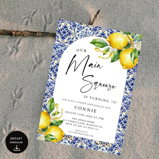 Mediterranean Blue Tiles Lemons 70th Birthday Invitation (Creator Uploaded)