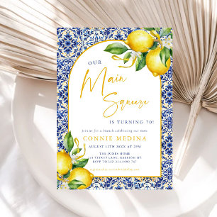 Mediterranean Blue Tiles Lemons 70th Birthday Invitation
