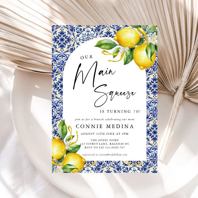 Mediterranean Blue Tiles Lemons 70th Birthday Invitation (Creator Uploaded)