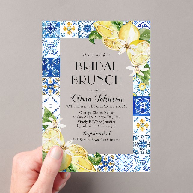 Mediterranean Blue Tiles Lemons Bridal Bunch Acrylic Invitations (Insitu (Handheld))