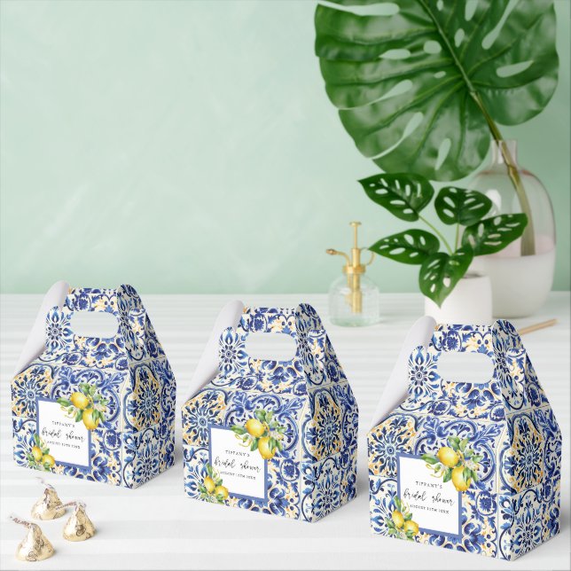 Mediterranean  Blue Tiles Lemons Bridal Shower Favor Boxes (Multiple)