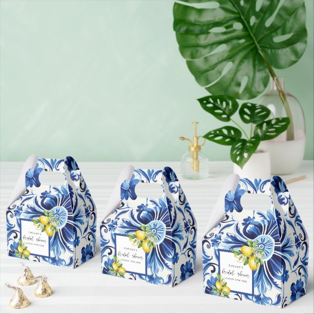 Mediterranean  Blue Tiles Lemons Bridal Shower Favor Boxes (Multiple)