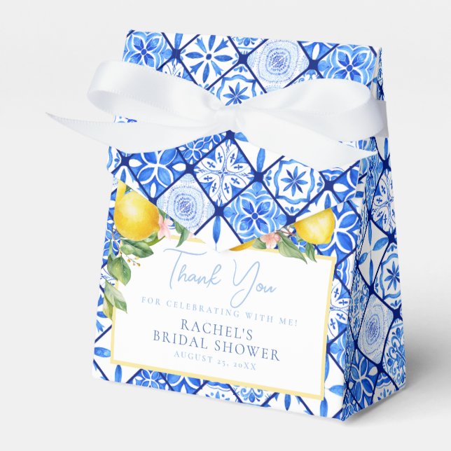 Mediterranean Blue Tiles Lemons Bridal Shower Favor Boxes (Front Side)