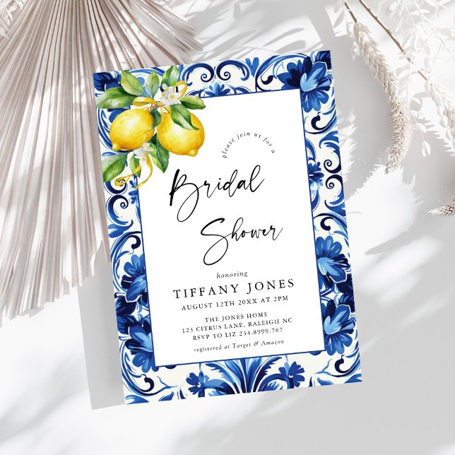 Mediterranean  Blue Tiles Lemons Bridal Shower Invitation (Creator Uploaded)