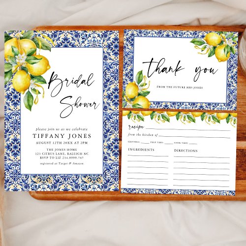 Mediterranean  Blue Tiles Lemons Bridal Shower Invitation