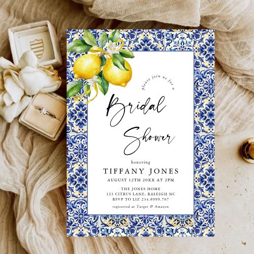 Mediterranean  Blue Tiles Lemons Bridal Shower Invitation