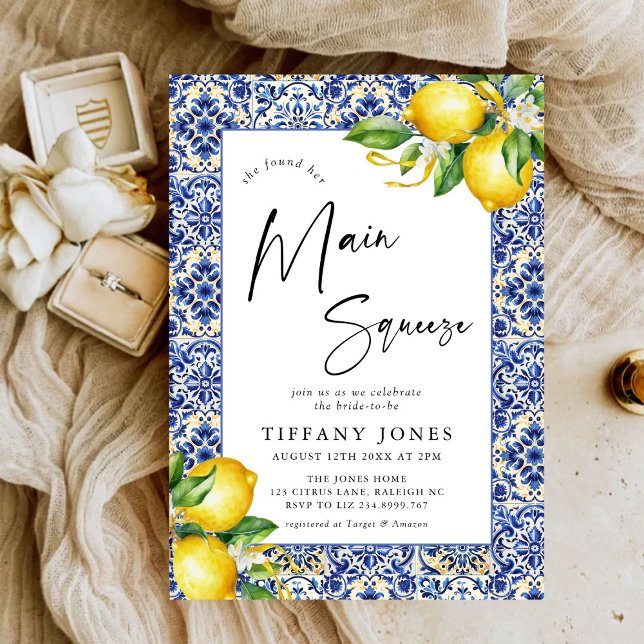Mediterranean Blue Tiles Lemons Bridal Shower  Invitation (Creator Uploaded)