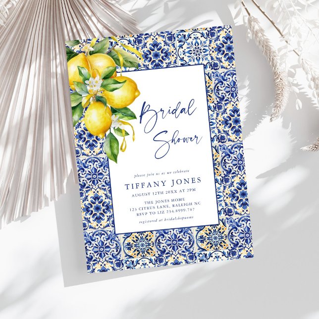 Mediterranean  Blue Tiles Lemons Bridal Shower Invitation (Creator Uploaded)