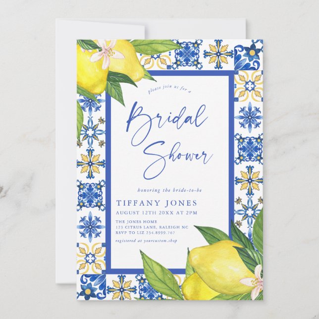 Mediterranean Blue Tiles Lemons Bridal Shower Invitation (Front)