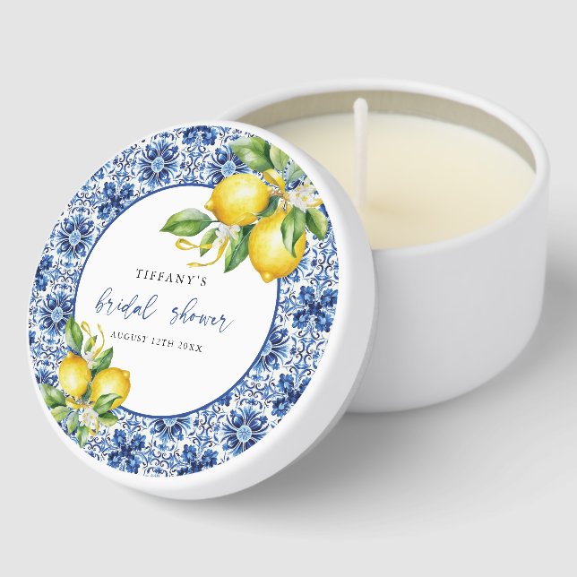 Mediterranean Blue Tiles Lemons Bridal Shower Mini Candle Favors (Corner)