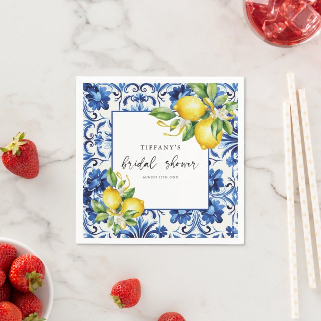 Mediterranean  Blue Tiles Lemons Bridal Shower Nap Napkins (Insitu)