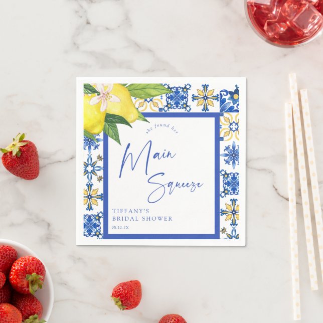 Mediterranean Blue Tiles Lemons Bridal Shower Napkins (Insitu)