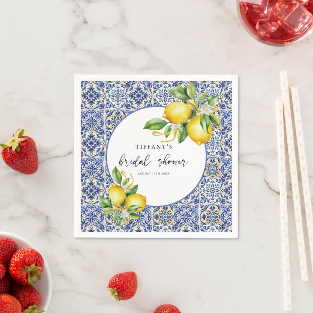 Mediterranean  Blue Tiles Lemons Bridal Shower Napkins (Insitu)