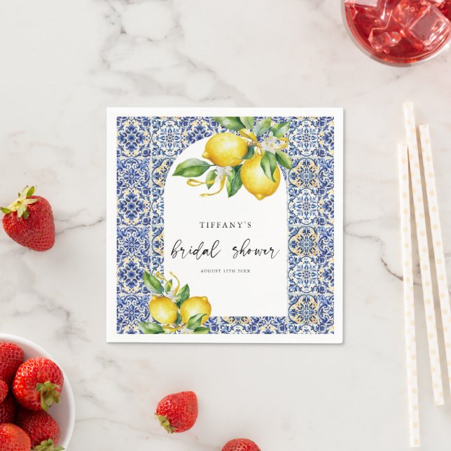 Mediterranean  Blue Tiles Lemons Bridal Shower Napkins (Insitu)