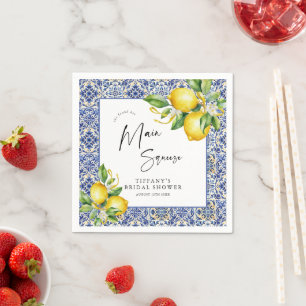 Mediterranean  Blue Tiles Lemons Bridal Shower Napkins