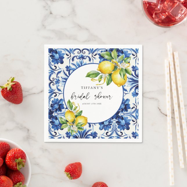 Mediterranean  Blue Tiles Lemons Bridal Shower Napkins (Insitu)