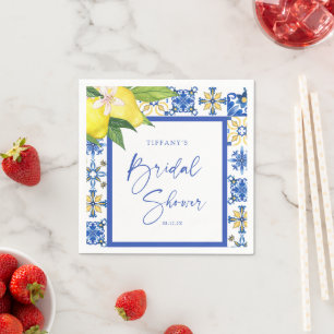 Mediterranean Blue Tiles Lemons Bridal Shower Napkins