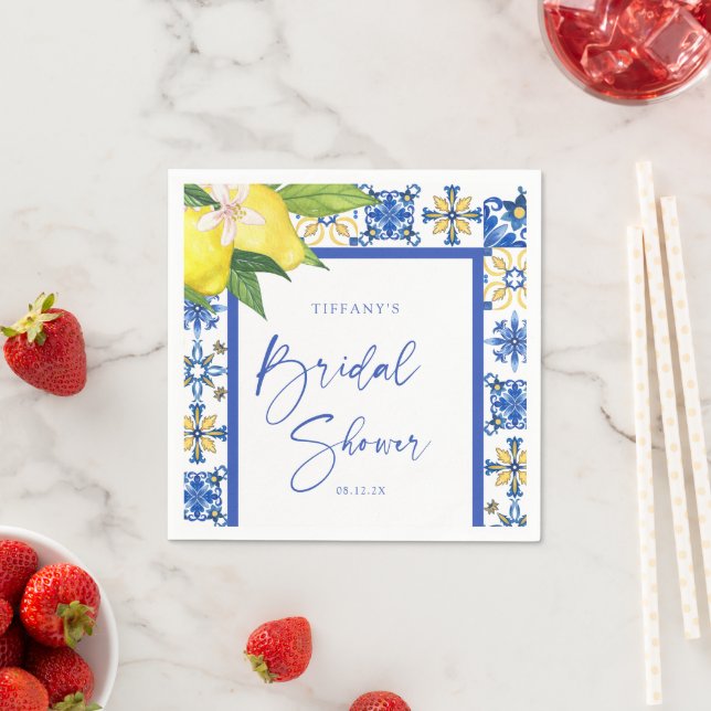 Mediterranean Blue Tiles Lemons Bridal Shower Napkins (Insitu)