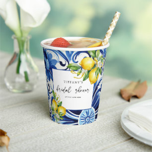 Mediterranean Blue Tiles Lemons Bridal Shower Paper Cups