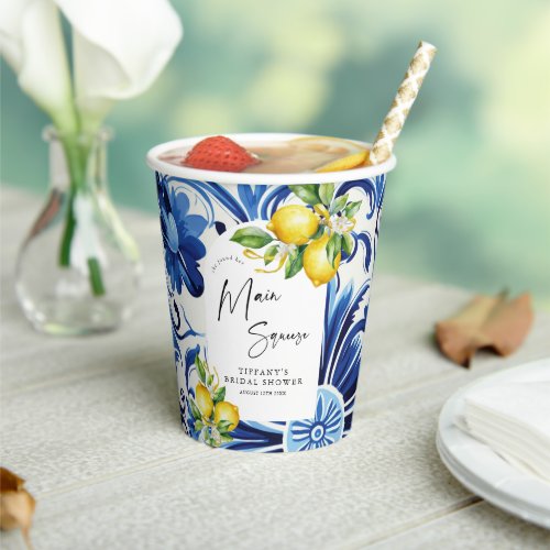 Mediterranean  Blue Tiles Lemons Bridal Shower Paper Cups