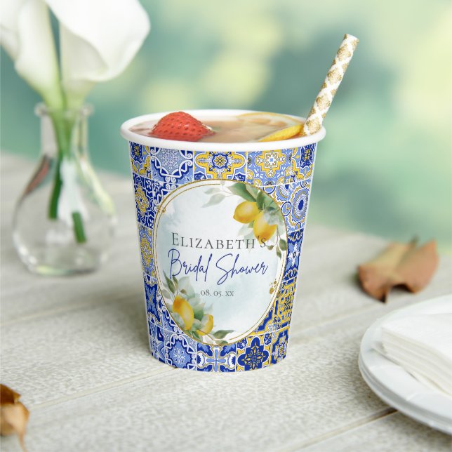Mediterranean Blue Tiles Lemons Bridal Shower Paper Cups (Insitu)