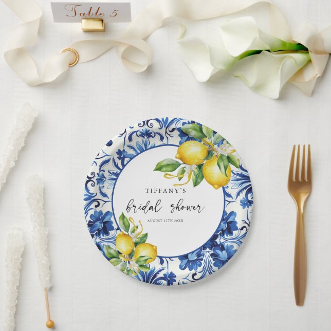 Mediterranean  Blue Tiles Lemons Bridal Shower Paper Plates (Wedding)
