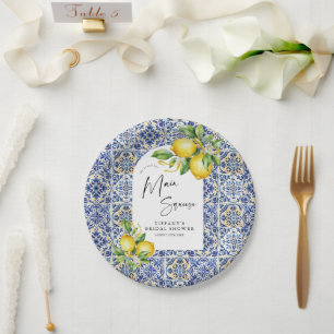 Mediterranean  Blue Tiles Lemons Bridal Shower Paper Plates