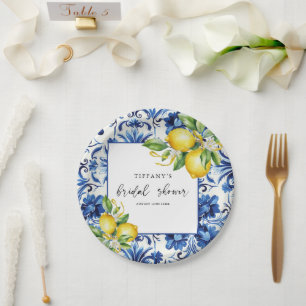 Mediterranean  Blue Tiles Lemons Bridal Shower Paper Plates